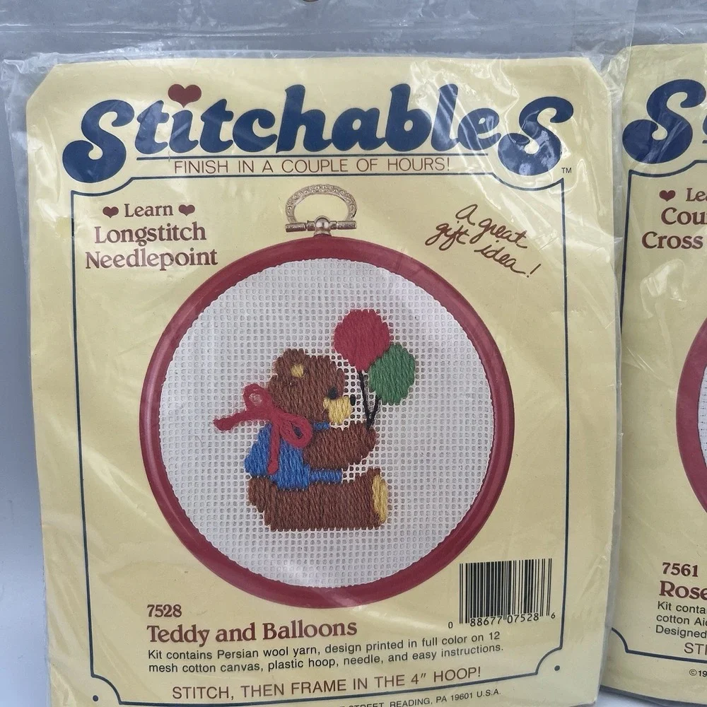 NEW Vintage 80s Stitchables Lot of 2 Cross Stitch Needlepoint Kit Kitty Cat Bear